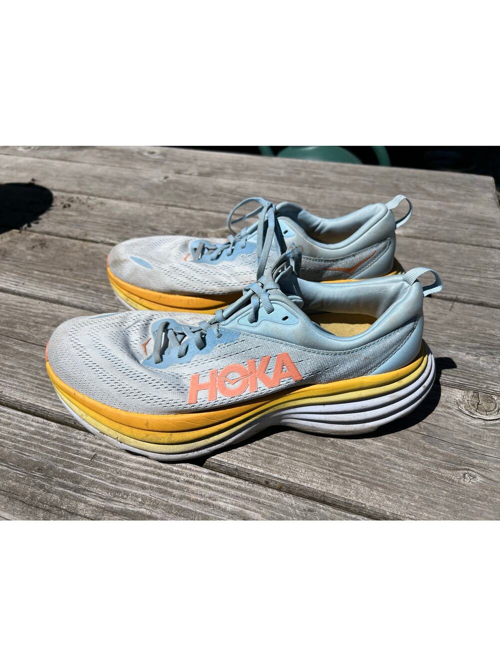 Hoka one women's Bondi 8 size 12 wide mens 10.5 blue white yellow comfort walk